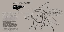 1girls alice_(lewdicrousart) caption female hair_over_one_eye lewdicrousart robe rpg text witch witch_hat wizard wizard_hat