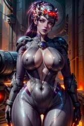 2d ai_generated female loraart medium_breasts nipple_bulge ponytail purple_hair purple_lipstick solo thick_thighs