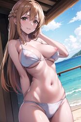 1girls 2:3 ai_generated arm_up artist_request beach brown_eyes brown_hair clouds daytime embarrassed female female_only navel nipple_slip nipples_visible_through_bikini nipples_visible_through_clothing shy solo source_request stable_diffusion standing sword_art_online white_bikini white_swimsuit yuuki_asuna