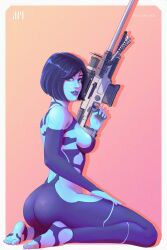 2d 2d_(artwork) ass_focus blue_body blue_skin bob_cut cortana digital_drawing_(artwork) halo_(series) hand_on_leg holding_weapon jafet_meza looking_at_viewer looking_back microsoft pinup smile solo video_games