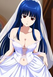 ai_generated blue_hair bridal_veil bride cleavage empty_eyes expressionless female female_only gintama hime_cut imai_nobume long_hair looking_at_viewer medium_breasts navel off_shoulder red_eyes solo veil wedding_dress wedding_veil