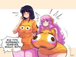 2girls blushing_emoji breast_size_difference breasts dialogue elf-chan emoji emoji_(race) english_text female flushed_emoji flushed_emoji_shirt huge_breasts hyper_ass hyper_breasts koffin light-skinned_female light_skin long_hair massive_breasts meme meme_attire original original_character original_characters pink_hair pinkkoffin purple_eyes purple_hair small_breasts thick_thighs