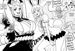 2boys 2girls absurd_res anthro armpits arms_up bb_(baalbuddy) black_and_white bunny_ears bunny_tail carrot_(one_piece) coomer deodorant dialogue english_text female funny horns jinbe lagomorph leporid looking_at_viewer male monochrome one_piece sideboob smiling smiling_at_viewer speech_bubble text_on_clothing yamato_(one_piece)