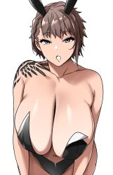 1girls bare_shoulders big_breasts black_leotard braided_hair breasts brown_eyes brown_hair bunny_ears bunnysuit cleavage collarbone delta_(nikke) eyebrows_visible_through_hair female female_only goddess_of_victory:_nikke huge_breasts large_breasts leotard light-skinned_female looking_at_viewer navel open_mouth ryo_(ra_seaf/mozoshi) short_hair simple_background tattoo tattoo_on_shoulder tomboy very_short_hair white_background