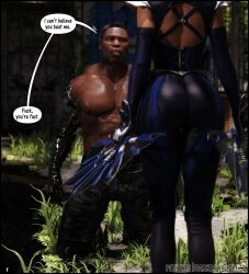 1boy1girl 3d ass_focus bare_back big_ass camouflage camouflage_pants comic comic_page dark-skinned_male darklord dialogue edenian elbow_gloves fan forest forest_background gloves jax_briggs kitana kitana_(mk11) long_boots metal_arm mortal_kombat mortal_kombat_11 on_knees princess robotic_arm royalty shoulder_armor thick_ass tight_clothing