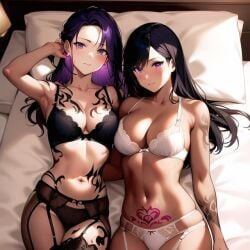 2girls ai_generated ai_mirror arm_behind_back arm_up armpit bedside_table belly_button black_hair black_underwear blush earrings lamp light_skin lingerie long_hair looking_at_viewer lying lying_on_bed purple_eyes purple_hair small_breasts smile stockings tatoos underwear white_underwear