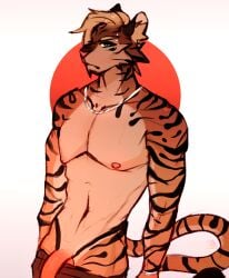 anthro balls beard blue_eyes chains eyebrow_piercing facial_hair facial_piercing felid fur furry genitals hi_res male mammal muscular muscular_anthro muscular_male nipples orange_body orange_fur pantherine penis piercing pinup pose serious solo stripes tiger torso tylerayrton