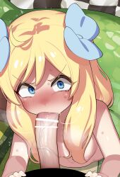 1boy 1girls ^^^ absurdres ahoge bar_censor blonde_hair blue_eyes blue_ribbon blush breasts censored commentary constricted_pupils erection fellatio female hair_over_breasts hair_ribbon highres jashin-chan jashin-chan_dropkick lamia long_hair looking_at_viewer mixed-language_commentary mizumizuni monster_girl nude oerba_yun_fang oral penis pointless_censoring pov ribbon saliva small_breasts solo_focus steaming_body straight sweat tatami v-shaped_eyebrows variant_set veins veiny_penis