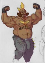 armpit_hair artist_request balls bara barazoku big_penis birdie bulge capcom dark-skinned_male dark_skin facial_hair flexing male male_only mohawk musclegut muscles overweight penis penis_under_clothes shirtless solo solo_male street_fighter tattoo tattoo_on_belly tongue_out