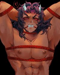 1boy angry_expression angry_face arkdraws13 bondage breedable brown_nipples demon_horns demon_slayer drooling hantengu kimetsu_no_yaiba long_hair long_hair_male male male_only nipple_piercing nipples oiled_up red_eyes red_hair ropes sekido sharp_teeth tan-skinned_male tied_up upper_moon