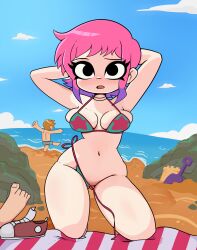 1boy 1girls armpits arms_behind_head arms_up beach bigmantis bikini black_eyes feet female kneeling male orange_hair panties pink_hair purple_hair ramona_flowers sand_castle scott_pilgrim scott_w_pilgrim seaside shoe short_hair shovel star two_tone_hair