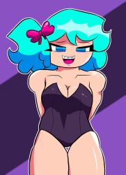 arms_behind_back blue_hair braces bunnysuit cyan_hair eye_bags friday_night_funkin friday_night_funkin_mod miko_(friday_night_funkin) sky_(friday_night_funkin) solo tagme