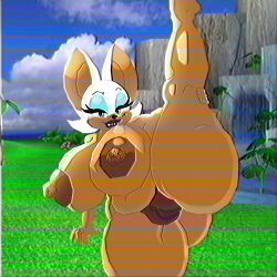 anthro ass big_breasts big_butt bodily_fluids breasts curvy_figure female flexible genitals hand_on_leg hi_res huge_breasts humanoid looking_at_viewer low_poly plump_labia possbooty pussy raised_leg rouge_the_bat sega slightly_chubby solo sonic_(series) sonic_the_hedgehog_(series) vhs_filter voluptuous