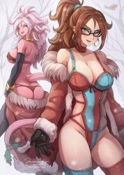 2girls android_21 android_21_(human) bare_shoulders big_breasts blue_eyes blush bra brown_hair christmas christmas_outfit clothed clothing collar color dragon_ball dragon_ball_fighterz female female_focus female_only glasses gloves hi_res jammeryx jewelry large_breasts light-skinned_female light_skin lingerie long_hair looking_at_viewer majin majin_android_21 nipples_visible_through_clothing panties pink_hair snow solo_female tagme tail thick_thighs underwear