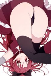 ai_generated ass ass_focus black_ribbon butt_focus hair_ribbon long_hair long_ponytail looking_at_viewer madoka_worship magical_girl magical_girl_outfit mahou_shoujo_madoka_magica ponytail puella_magi_madoka_magica red_eyes red_hair sakura_kyouko smile thick_thighs thighhighs thong upside-down