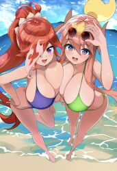 2girls barefoot beach bikini breast_to_breast duel_masters gigantic_breasts glenglassaugh hand_on_glass high-angle_view looking_at_viewer nipple_bulge one_arm_up playful playful_smile rafululu_love,_acoustic_dragon_elemental smile sunglasses_on_head thick_thighs wide_hips wip