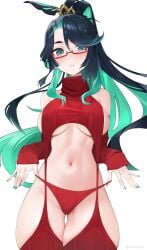 1girls blue_eyes blue_hair blush breasts detached_sleeves eyebrows_visible_through_hair female genshin_impact glasses green_hair hair_ornament light-skinned_female light_skin long_hair looking_at_viewer medium_breasts multicolored_hair navel painted_nails panties red_clothing red_glasses red_panties reikolape semi-rimless_glasses sideboob solo solo_female standing sweater thick_thighs thigh_gap thighhighs thighs turtleneck underboob virgin_destroyer_sweater white_background xianyun_(genshin_impact)