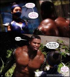 1boy1girl asian asian_female bandana comic comic_page dark-skinned_male darklord dialogue edenian forest forest_background graffiti hair_bun jax_briggs kitana kitana_(mk11) looking_at_partner masked masked_female metal_arm mortal_kombat mortal_kombat_11 princess robotic_arm royalty shoulder_armor smile tied_hair