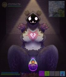 anthro ass bear big_breasts breasts clothed clothing digital_media_(artwork) epic_games eye_contact eye_scar facial_scar female food_insertion fortnite fur genitals hi_res humanoid looking_at_another looking_at_viewer mammal nude object_in_pussy object_insertion purple_body pussy raven_team_leader scar simple_background solo text thick_thighs xenolith0