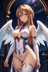 1girls 2:3 ai_generated angel_wings artist_request brown_eyes brown_hair cameltoe cleavage cleavage_cutout detached_sleeves embarrassed feathered_wings female female_only navel_outline night_sky nipple_bulge nipples pussy shy solo source_request stable_diffusion sword_art_online thighhighs wings yuuki_asuna