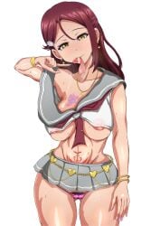 1girls arobiro condom large_breasts long_hair love_live! love_live!_sunshine!! pantsu prostitute prostitution red_hair sakurauchi_riko slut tattoo used_condom