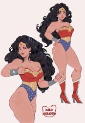 1girls amazon artist_logo artist_name black_hair blue_eyes dc dc_comics female female_only fit fit_female heel_boots hi_res kamii_momoru leotard long_hair looking_at_viewer smiling smiling_at_viewer solo thick_thighs toned toned_female white_background wonder_woman wonder_woman_(series)