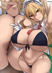 1girls arm_up armpits bikini blush breasts_bigger_than_head female huge_breasts long_gloves looking_at_viewer maid_headdress miss_kobayashi's_dragon_maid monster_girl pressing_breasts_together pussy solo standing swimsuit thick_thighs tohru_(dragon_maid) tomodachi_(tomofanart) wide_hips