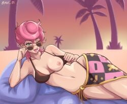 1girls adjusting_eyewear adjusting_glasses adjusting_sunglasses blinking bra brown-tinted_eyewear jojo's_bizarre_adventure larsson_(artist) looking_at_viewer looking_over_eyewear looking_over_glasses looking_over_sunglasses panties presenting_breasts short_hair sunglasses tinted_eyewear trish_una underwear vento_aureo yurilarsson