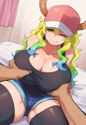 1girls ai_generated bedroom blonde_hair breast_grab breasts denim denim_shorts dragon_girl female grabbing_breasts gradient_hair green_hair groping highres horns horns_through_headwear huge_breasts indoors kobayashi-san_chi_no_maidragon long_hair looking_at_viewer looking_back lucoa lucoa_(maidragon) miss_kobayashi's_dragon_maid multicolored_hair on_bed one_eye_closed quetzalcoatl_(dragon_maid) shirt_lift shorts smile tank_top velvetshades