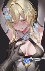 1boy animated armpits arms_up black_background blonde_hair blush bondage breasts character_request commentary_request feather_hair_ornament feathers female flower genshin_impact grabbing grabbing_another's_breast hair_flower hair_ornament highres large_breasts looking_at_viewer lumine_(genshin_impact) medium_hair parted_lips pottsness simple_background solo_focus sweat video yellow_eyes