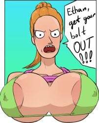 1girls adult_swim areolae bikini breasts cleavage color diklonius english_text female female_only giant_breasts hi_res huge_breasts looking_at_viewer nipples_visible_through_clothing ponytail red_hair rick_and_morty sketch summer_smith text text_bubble