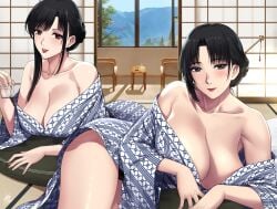 2girls black_eyes black_hair blue_kimono blush breasts cleavage collarbone highres huge_breasts indoors japanese_clothes kimono large_breasts looking_at_viewer loose_clothes mole mole_under_mouth mother_and_daughter multiple_girls naye_(xter) needle nush_(xter) red_eyes red_lips shiny_skin sidelocks tongue tongue_out xter xtermination