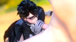 3d animated bayonetta bayonetta_(character) bayonetta_2 black_hair blowjob clothed_female_nude_male fellatio glasses gloves kaisto no_sound tagme video