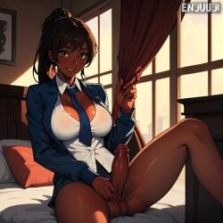 1futa ai_generated bed bedroom big_breasts big_penis blue_tie breasts brown-skinned_futanari brown_eyes brown_hair brown_skin curtain curtains dark-skinned_futanari dark_skin enjuuji framed_picture futa_only futanari indoors looking_at_viewer necktie olivia_marx pillow ponytail red_pillow school_skirt school_uniform schoolgirl skirt smile smiling_at_viewer solo_futa solo_futanari sunlight sunlight_rays testicles tie_between_breasts watermark white_pillow