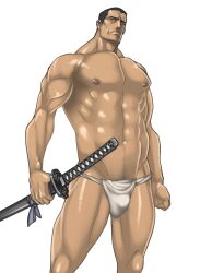 balls bara bulge fundoshi fundoshi_only male male_only muscles muscular penis rabbit_(artist) rabbit_(pixiv744412) solo solo_male sword