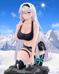 absurdres animal_ears arknights aurora_(arknights) avi_(baltika_seven) bear_ears bear_girl black_sports_bra blue_eyes blush box breasts cleavage extra_ears female grey_hair grey_shorts hair_between_eyes hair_over_one_eye highres infection_monitor_(arknights) knee_pads large_breasts long_hair looking_at_viewer mountain navel outdoors short_shorts shorts smile snow solo sports_bra stomach sun thigh_strap thighs very_long_hair