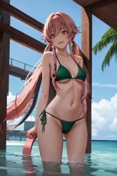 1girls ai_generated bikini blush gasai_yuno green_bikini mirai_nikki pink_eyes pink_hair ribbons smilling tag_me tagme tropical_setting twintails yandere