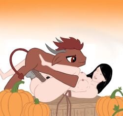 bondage demon_pony feral feral_on_female feral_on_human feral_on_top feral_penetrating field halloween horsecock human human_on_bottom human_penetrated interspecies_domination mlp_oc naked_female night nude outside pony pumpkin sex vaginal_penetration vines zoophilia