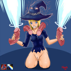 blonde_hair blue_eyes breasts dark-skinned_male dark_skin disembodied_penis ejaculation handjob interracial league_of_legends luxanna_crownguard magic medieval_series pussy scorchingnova sorceress_lux tagme torn_clothes