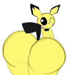 ass big_ass big_butt black_eyes bubble_ass bubble_butt fur giant_ass huge_ass long_ears looking_at_viewer no_humans pichu pink_cheeks pokemon pokemon_(species) presenting_hindquarters smile thick_ass thick_thighs white_background white_pupils winking_at_viewer yellow_body yellow_fur