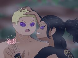 1boy 1girls aggressive aggressive_female assertive assertive_female black_hair black_hair_female blonde-haired_male blonde_hair blonde_male dark-skinned_female dark_skin dominant dominant_female domination fangs femdom grabbing_hair hair_grab hand_on_chest hypnosis hypnotic_eyes hypnotized_male lamia monster_girl naga original_character original_characters ponytail projectsubby purple_eyes snake snake_girl