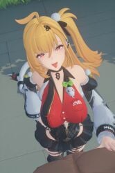 3d ai_generated big_breasts breasts cissia_(zenless_zone_zero) dark-skinned_male from_above grabbing hand_on_chest interracial looking_at_viewer muscular_male naughty_face nude_male pov smile touching zenless_zone_zero