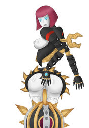 ass bladecraft_orianna blue_eyes breasts female glowing_eyes league_of_legends legacy_series nipples open_mouth orianna penis pussy red_hair robot simple_background solo tagme