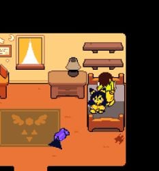 ahe_gao animated bedroom cat_girl cum deltarune gif hellescape kris_(deltarune) naked_female pixel_art rape spoofymaru straight yellow_skin