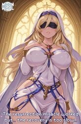 ai_assisted ai_generated big_breasts blindfold blindfolded blonde_female blonde_hair breasts caption clothed clothed_female comic curvy curvy_body curvy_female facing_viewer female female_focus female_only goblin_slayer huge_breasts large_breasts long_hair moonwool_branch nun nun_outfit parted_lips seductive seductive_eyes seductive_look seductive_mouth seductive_pose solo solo_female solo_focus sword_maiden_(goblin_slayer) talking talking_to_viewer thick_ass thick_thighs thighs uncensored