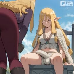 2girls ai_generated artist_name bangs blonde_hair blue_eyes blue_sky blush breasts bulge bulge_through_clothing cleavage closed_mouth cloud day female frieren_beyond_journey's_end futanari jacket jewelry large_breasts long_hair long_sleeves looking_at_viewer medium_breasts methode_(sousou_no_frieren) multiple_girls outdoors penis_bulge pointy_ears serie_(sousou_no_frieren) shorts sitting sky sousou_no_frieren spread_legs thighs very_long_hair waifu_judge