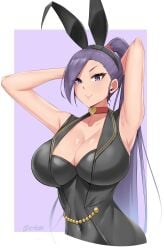 armpits arms_behind_head arms_up big_breasts bunny_ears bunny_girl bunnysuit cleavage clothed collar dragon_quest dragon_quest_xi heart_collar heart_symbol huge_breasts jade_(dq11) nude_version_available ponytail posing sexy_body sexy_female teasing teasing_viewer xrok00