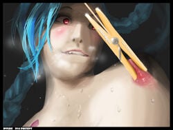 2014 blue_hair blush breasts clothespin insude jinx_(league_of_legends) league_of_legends long_hair nipples red_eyes tagme