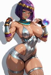 ai_generated areola_slip biceps black_gloves blunt_bangs bob_cut breasts circlet cleavage covered_navel covered_nipples crystal_ball curvy dark-skinned_female dark_skin egyptian egyptian_clothes eyeshadow female fingerless_gloves fishnet_thighhighs fishnets gloves green_eyes green_lips grey_leotard jewelry large_breasts leotard lipstick looking_at_viewer makeup muscular muscular_female purple_hair shadow shiny_clothes shiny_skin short_hair shorts simple_background skindentation solo thick_thighs thighhighs thighs usekh_collar white_background wide_hips