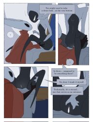2025 anthro arthropod bedroom biped black_body black_eyes border bottomless bottomless_female bottomless_humanoid cloak clothed clothing comic detailed_background dialogue digital_drawing_(artwork) digital_media_(artwork) duo empty_eyes english_text exclamation_point eye_contact female female/female female_anthro female_humanoid genitals hi_res hollow_knight:_silksong hollow_knight_(franchise) hornet_(hollow_knight) humanoid humanoid_on_anthro inside justdog lace_(hollow_knight:_silksong) looking_at_another looking_at_partner mouthless presenting presenting_vulva question_mark red_cloak red_clothing saliva_on_chest sitting speech_bubble spread_legs spreading talking_to_another talking_to_partner team_cherry text vulva white_body white_border white_eyes white_vulva